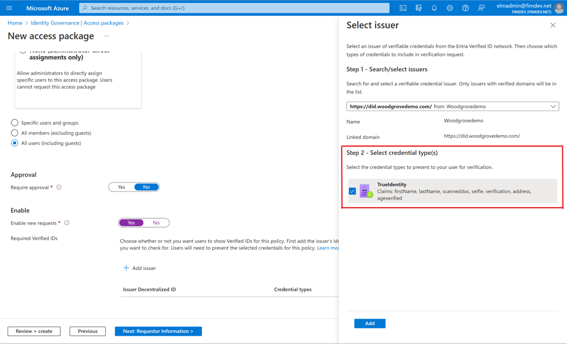 Screenshot: Anmeldeinformationstypen für Microsoft Entra Verified ID