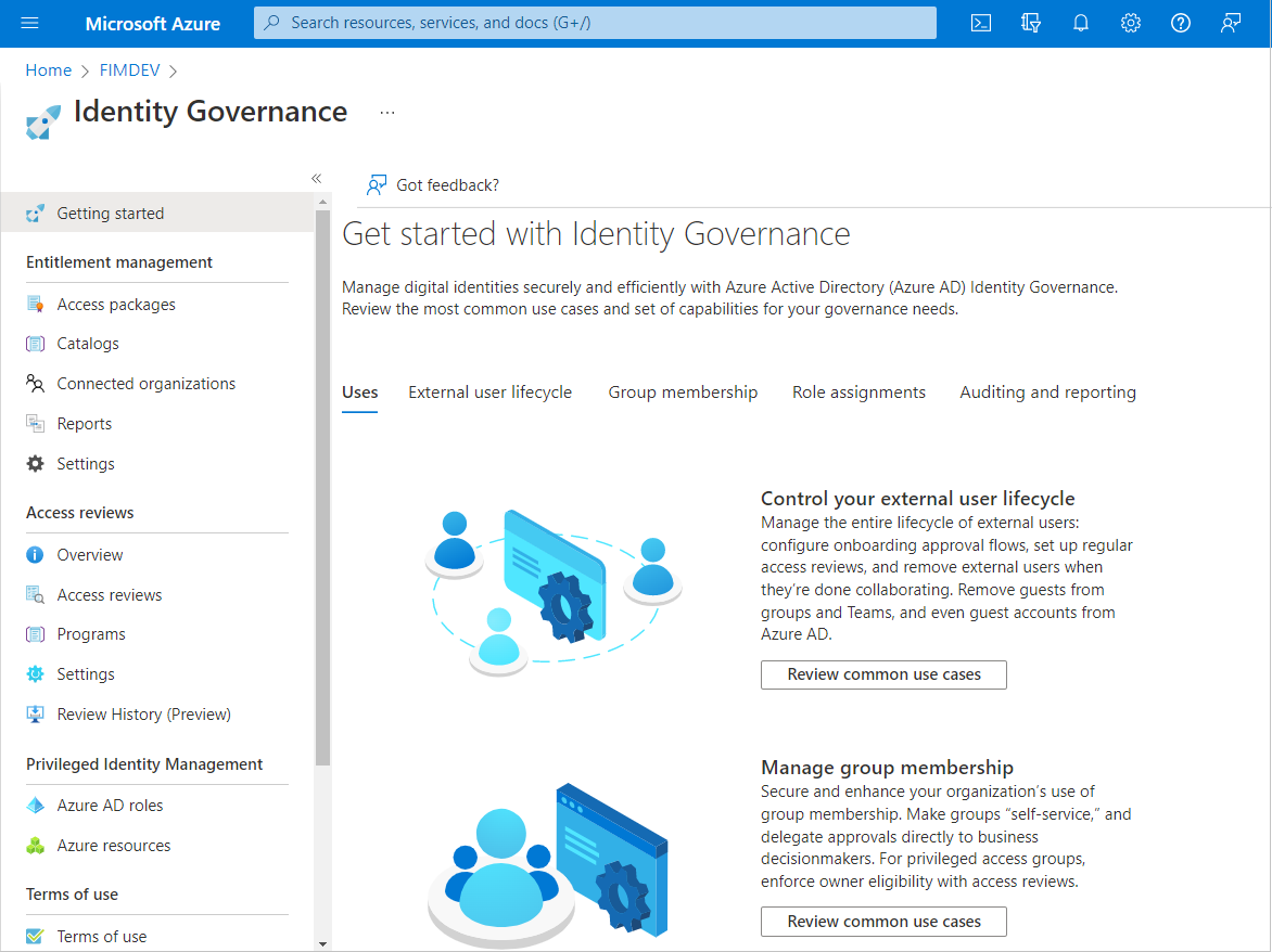Identity Governance, Registerkarte „Erste Schritte“