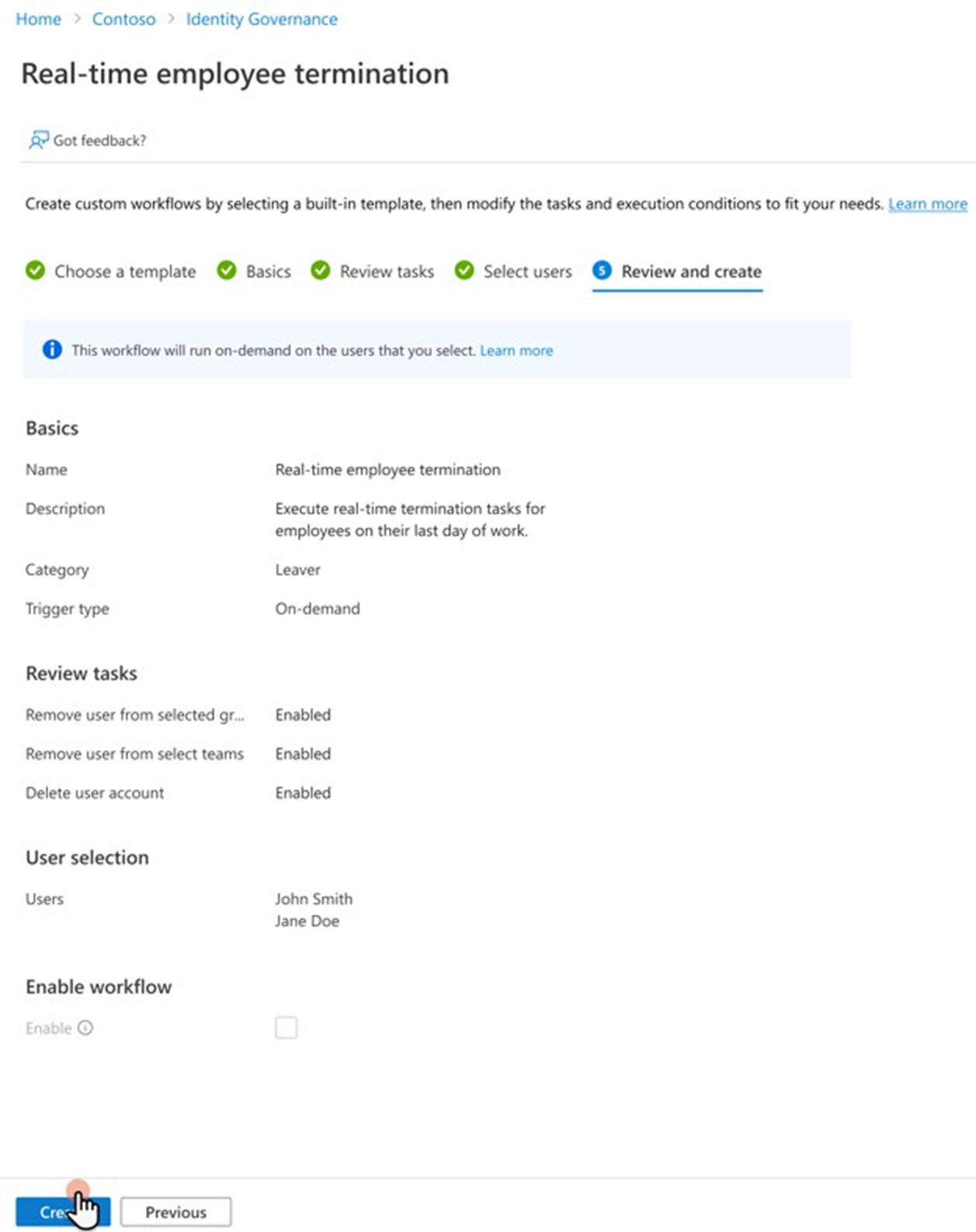 Screenshot: Registerkarte zum Überprüfen der Workflowauswahl und Schaltfläche zum Erstellen des Workflows