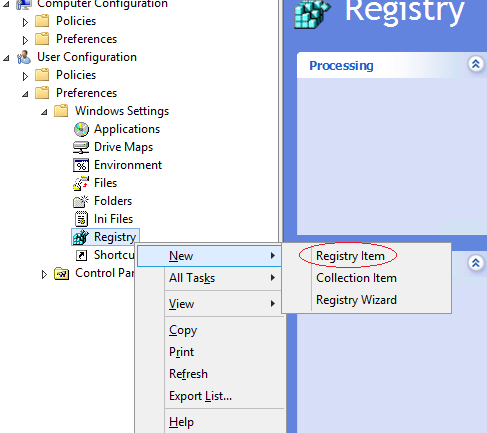Screenshot, in dem die Optionen „Registrierung“ und „Registrierungselement“ ausgewählt sind.