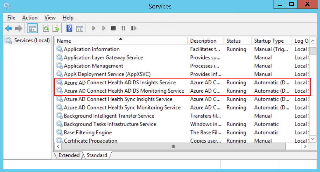 Screenshot, in dem die auf dem Domänencontroller ausgeführten Dienste angezeigt werden.