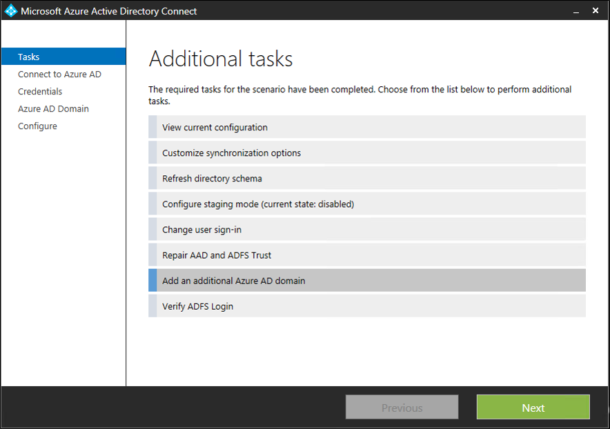 Screenshot, der die Seite „Zusätzliche Aufgaben“ mit ausgewählter Option „Zusätzliche Microsoft Entra-Domäne hinzufügen“ anzeigt