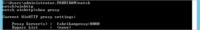 Screenshot mit einem Eingabeaufforderungsfenster, in dem das netsh-Tool ausgeführt wird, um die Proxykonfiguration anzuzeigen