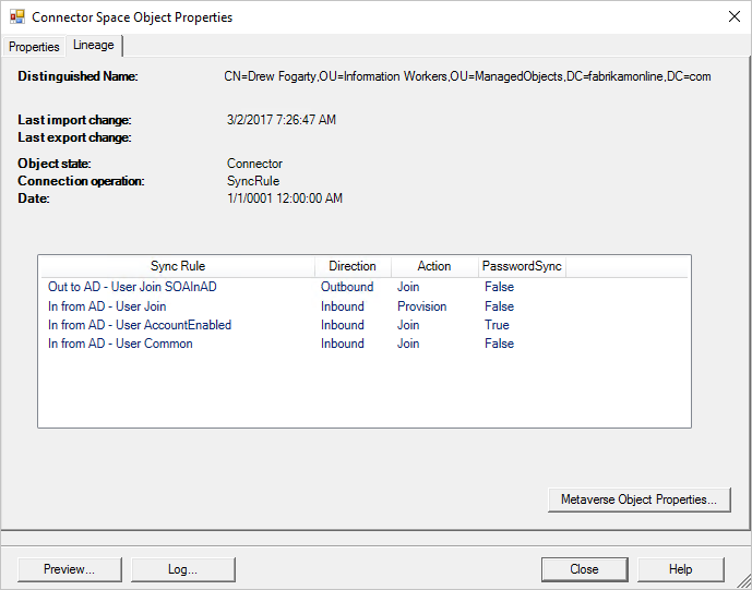 Screenshot der Registerkarte „Herkunft“ im Fenster „Connector Space Object Eigenschaftenfenster