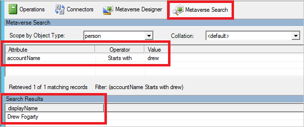 Screenshot von Synchronization Service Manager mit ausgewählter Registerkarte „Metaverse Search“
