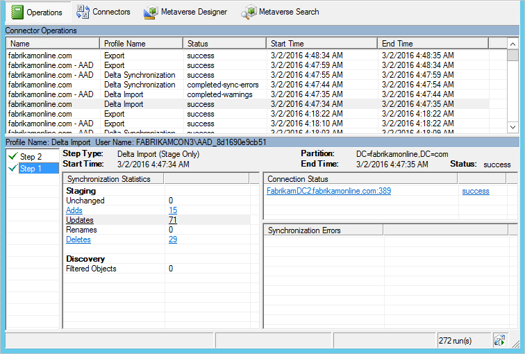 Screenshot von Synchronization Service Manager mit ausgewählter Registerkarte „Operationen“