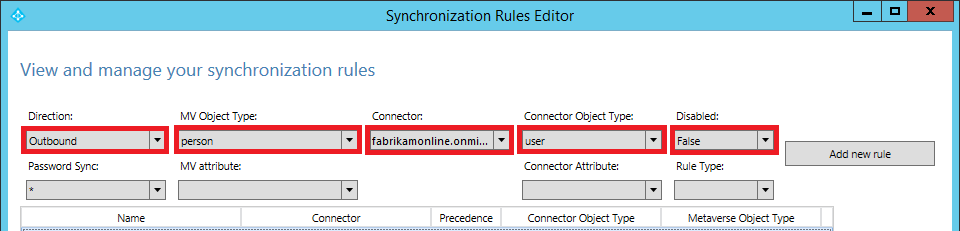 Screenshot einer Suche nach Synchronisierungsregeln für ausgehende Daten im Synchronisierungsregel-Editor