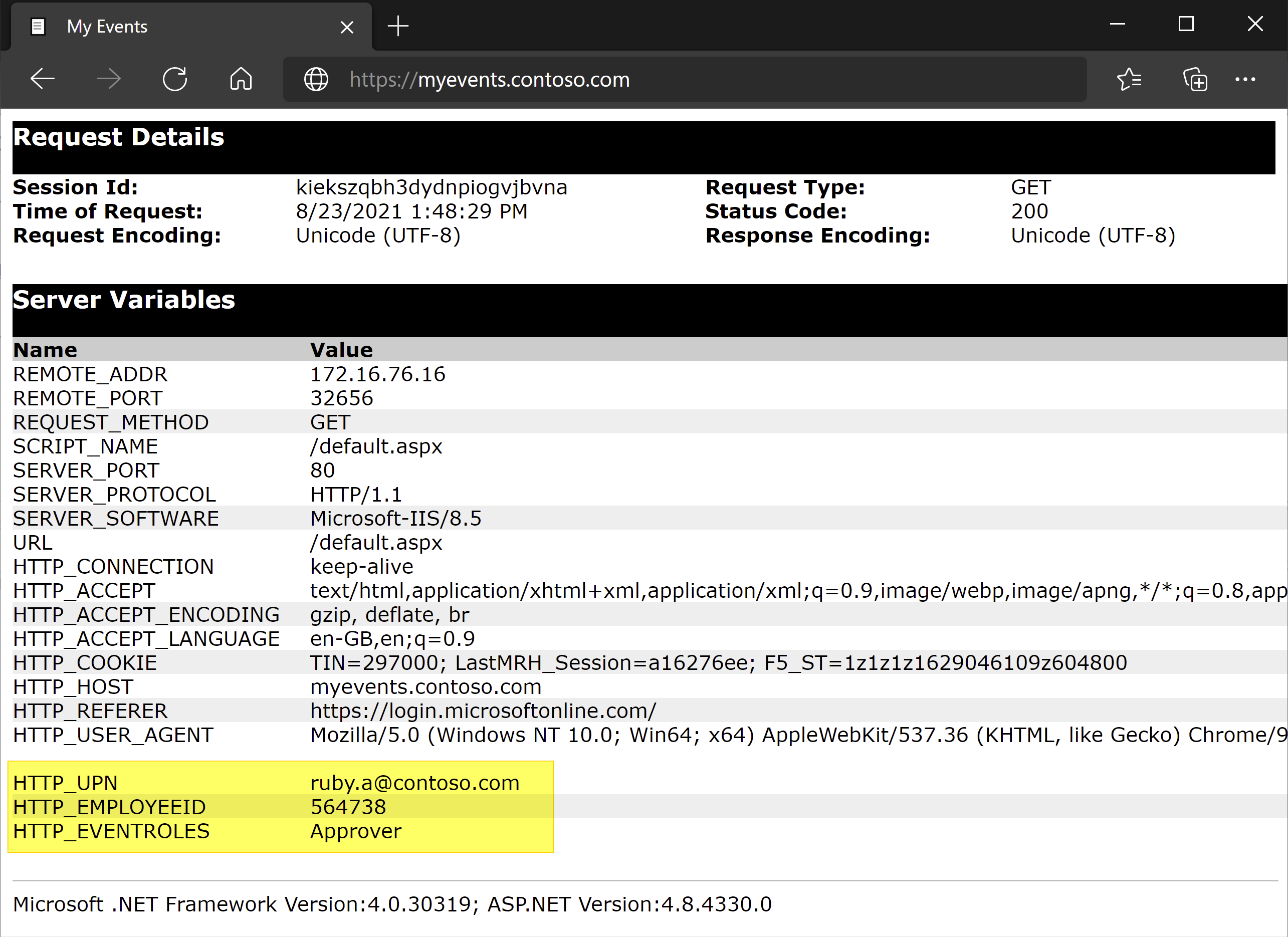 Screenshot: UPN, Mitarbeiter-ID und Ereignisrollen unter Servervariablen.