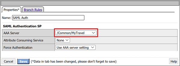 Screenshot shows use aaa server for saml authentication sp