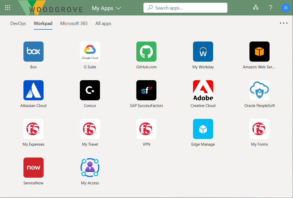 Screenshot der Woodgrove-Seite „Meine Apps“.