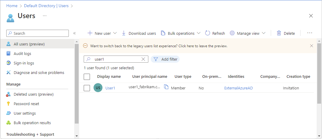 Screenshot of the Users page of the target tenant that shows the test user provisioned.