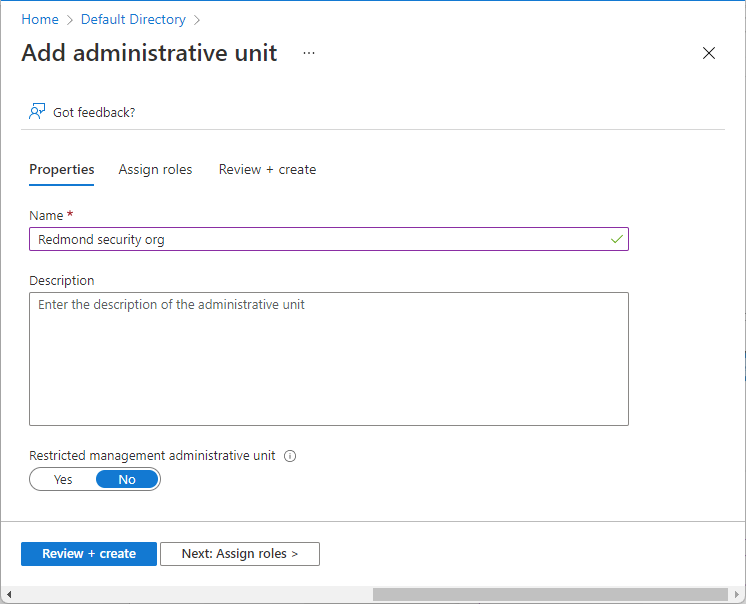 Screenshot showing the Add administrative unit page and the Name box for entering the name of the administrative unit.