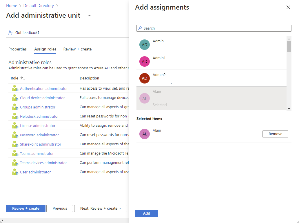 Screenshot showing the Add assignments pane to add role assignments with this administrative unit scope.