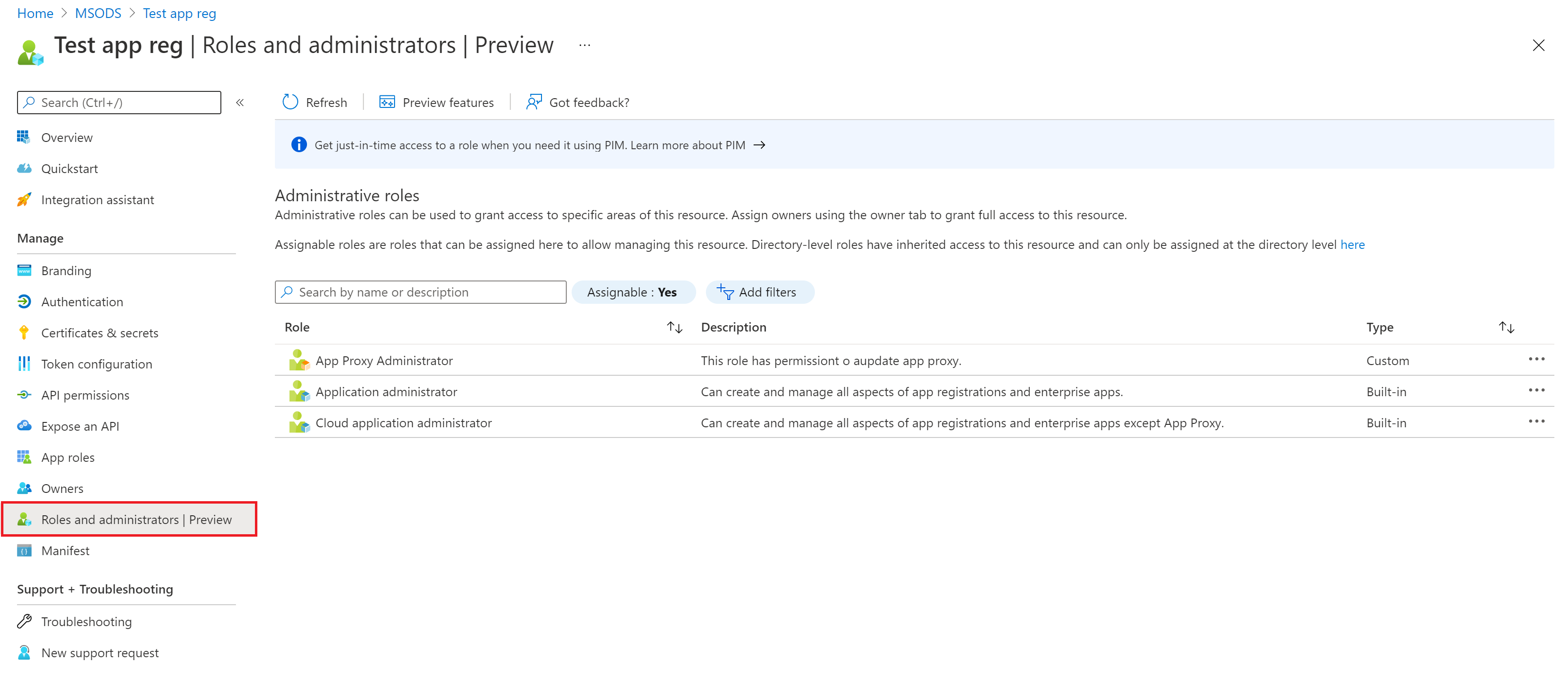 Roles for an app registrations in Microsoft Entra ID.