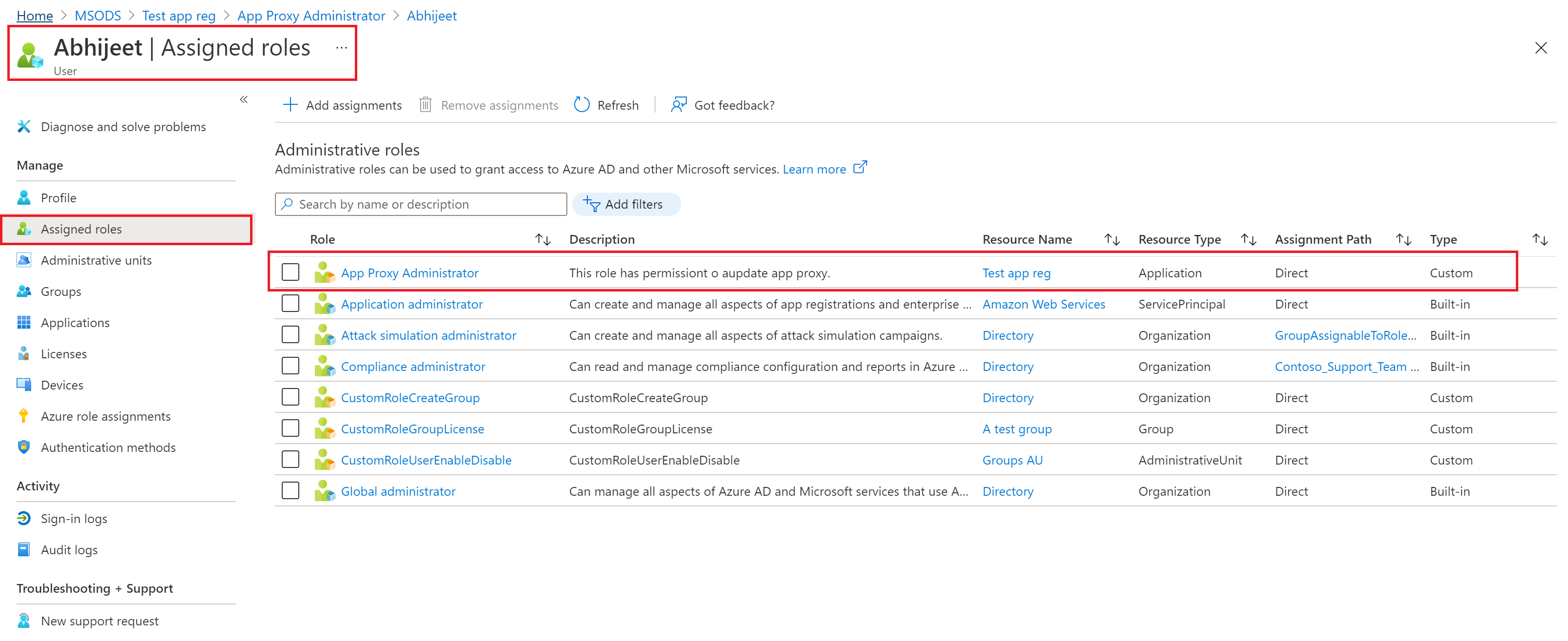 Role assigned to the user scoped to an app registrations in Microsoft Entra ID.