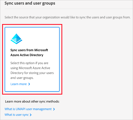 Screenshot mit ausgewählter Option „Benutzer aus Microsoft Azure Active Directory synchronisieren“