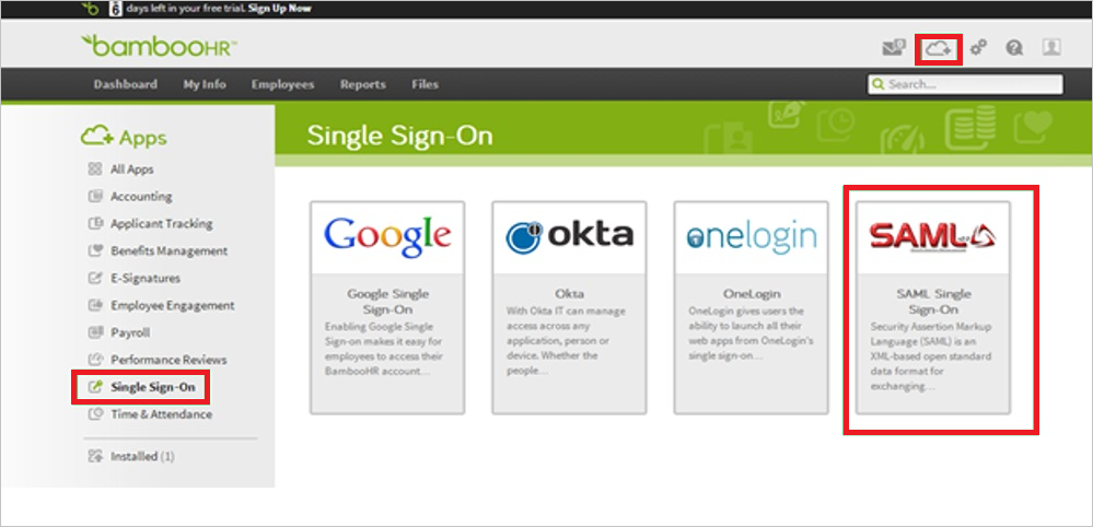 The BambooHR Single Sign-On page