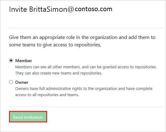 Personen einladen Screenshot: Dialogfeldseite „Invite Member“ (Mitglied einladen) mit dem Kontrollkästchen „Member“ (Mitglied) aktiviert und hervorgehobener Schaltfläche „Send invitation“ (Einladung senden).
