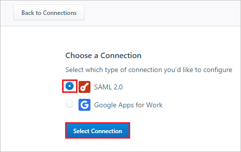 Screenshot des Abschnitts „Verbindung auswählen“ mit ausgewählter Option „SAML 2.0“ und ausgewählter Schaltfläche „Verbindung auswählen“