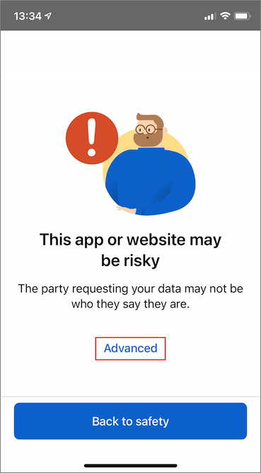 Screenshot: Auswählen von „Erweitert“ in der Warnmeldung der Authenticator-App