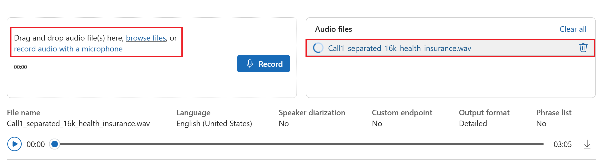 Screenshot der Option zum Auswählen einer Audiodatei oder zum Sprechen in ein Mikrofon.