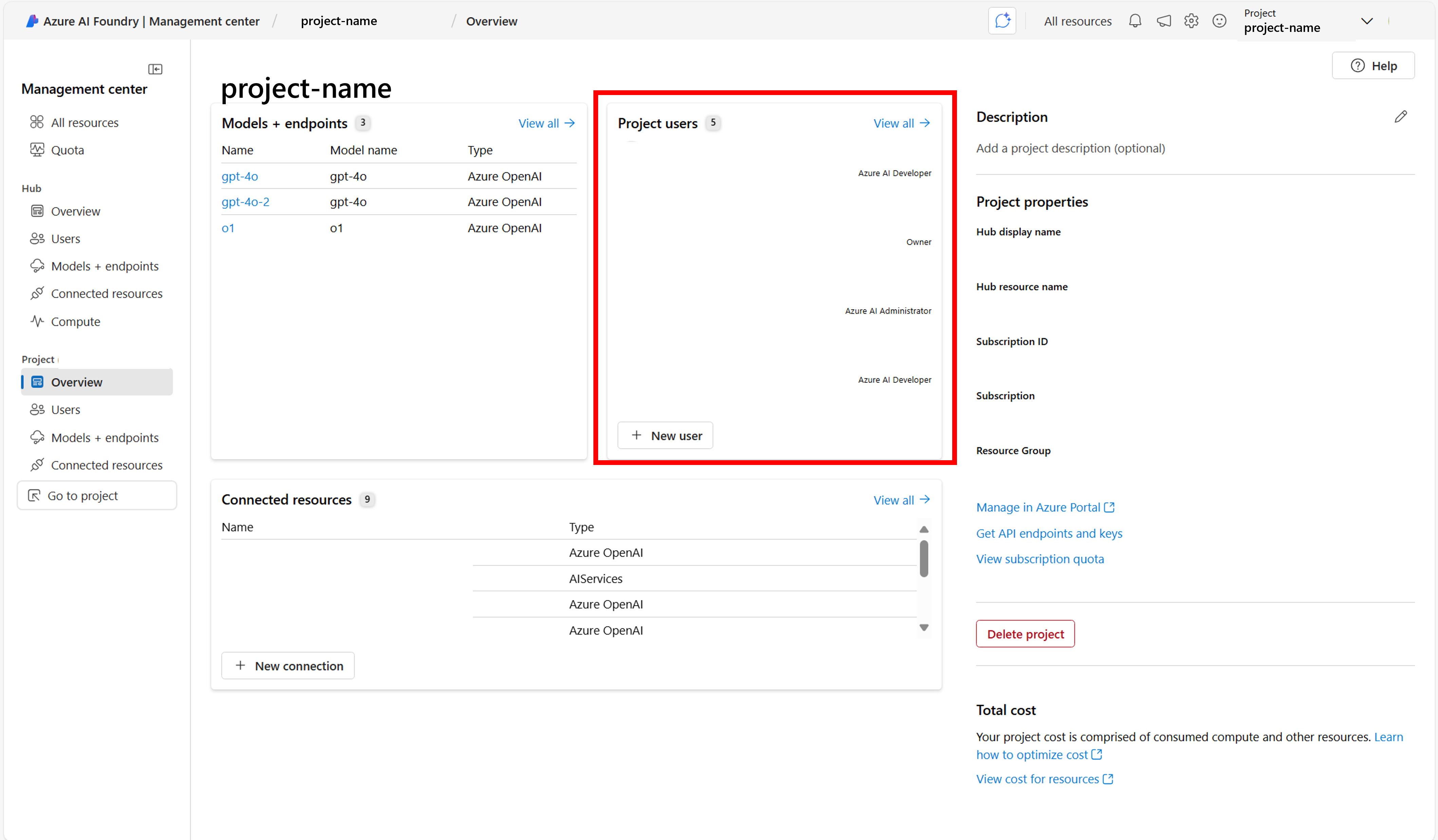 Screenshot des Abschnitts Projektbenutzer im Verwaltungszentrum.
