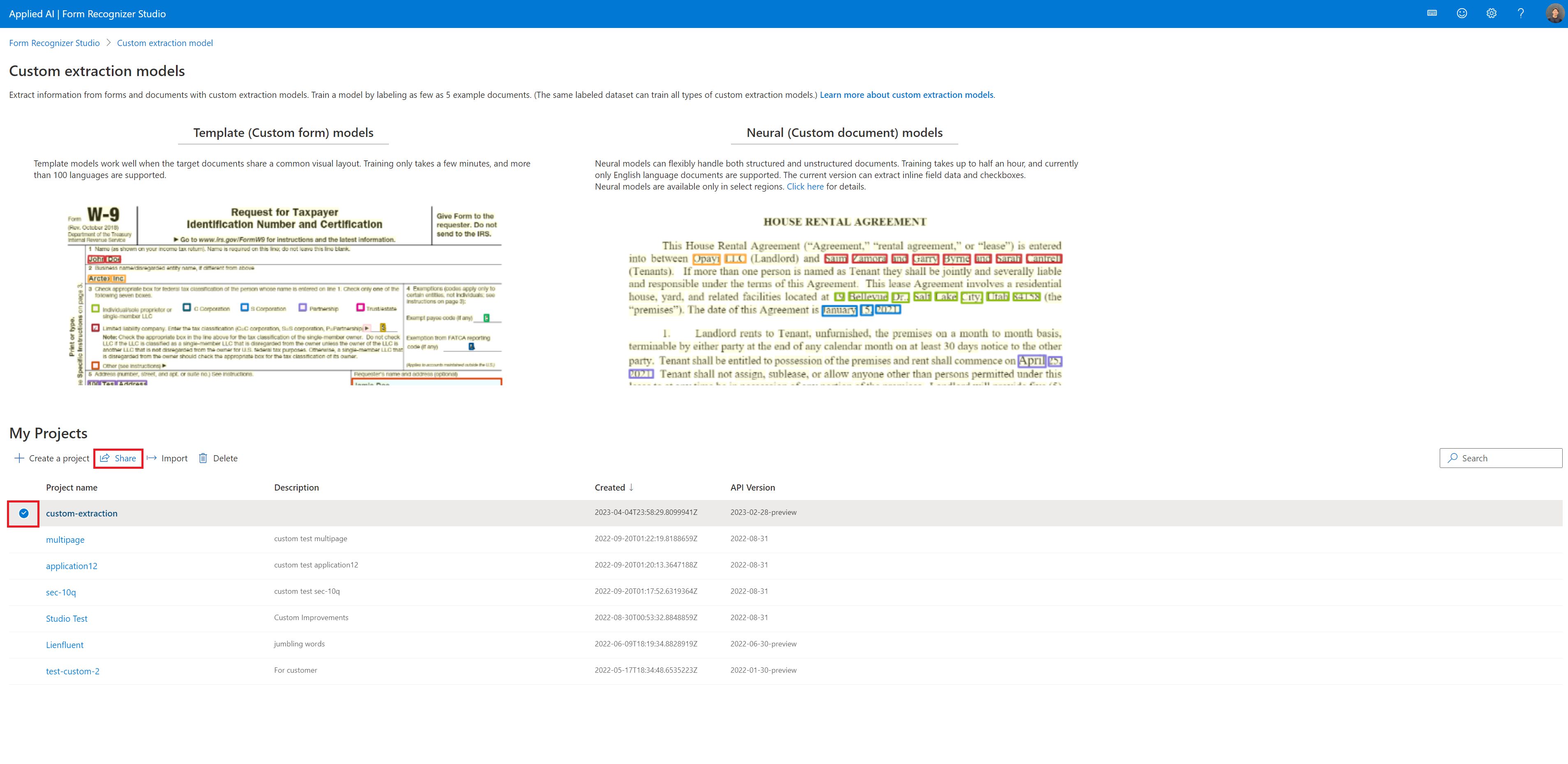 Screenshot: Auswählen des gewünschten Modells und der Freigabeoption