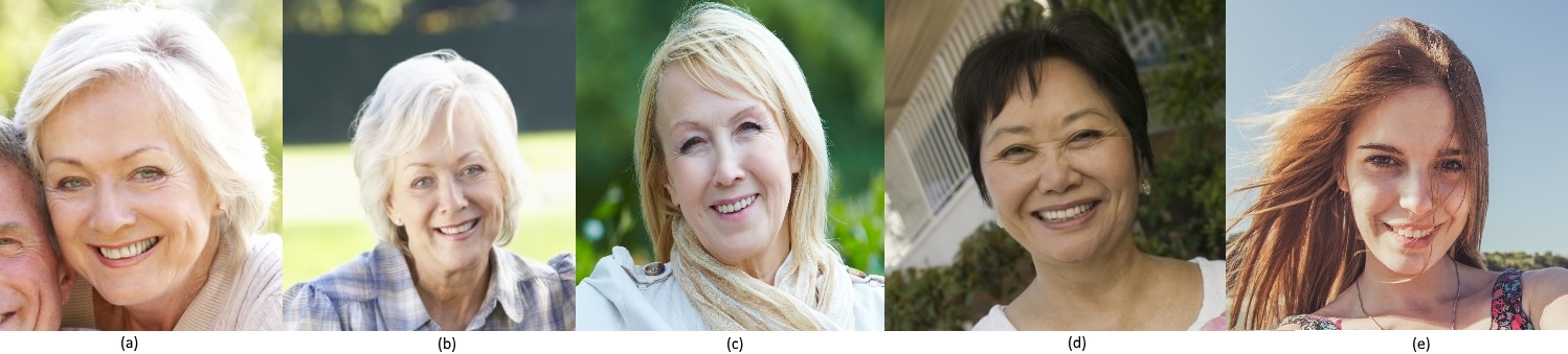 Fünf Bilder mit lächelnden Personen. Bild&nbsp;A und Bild B zeigen dieselbe Person.