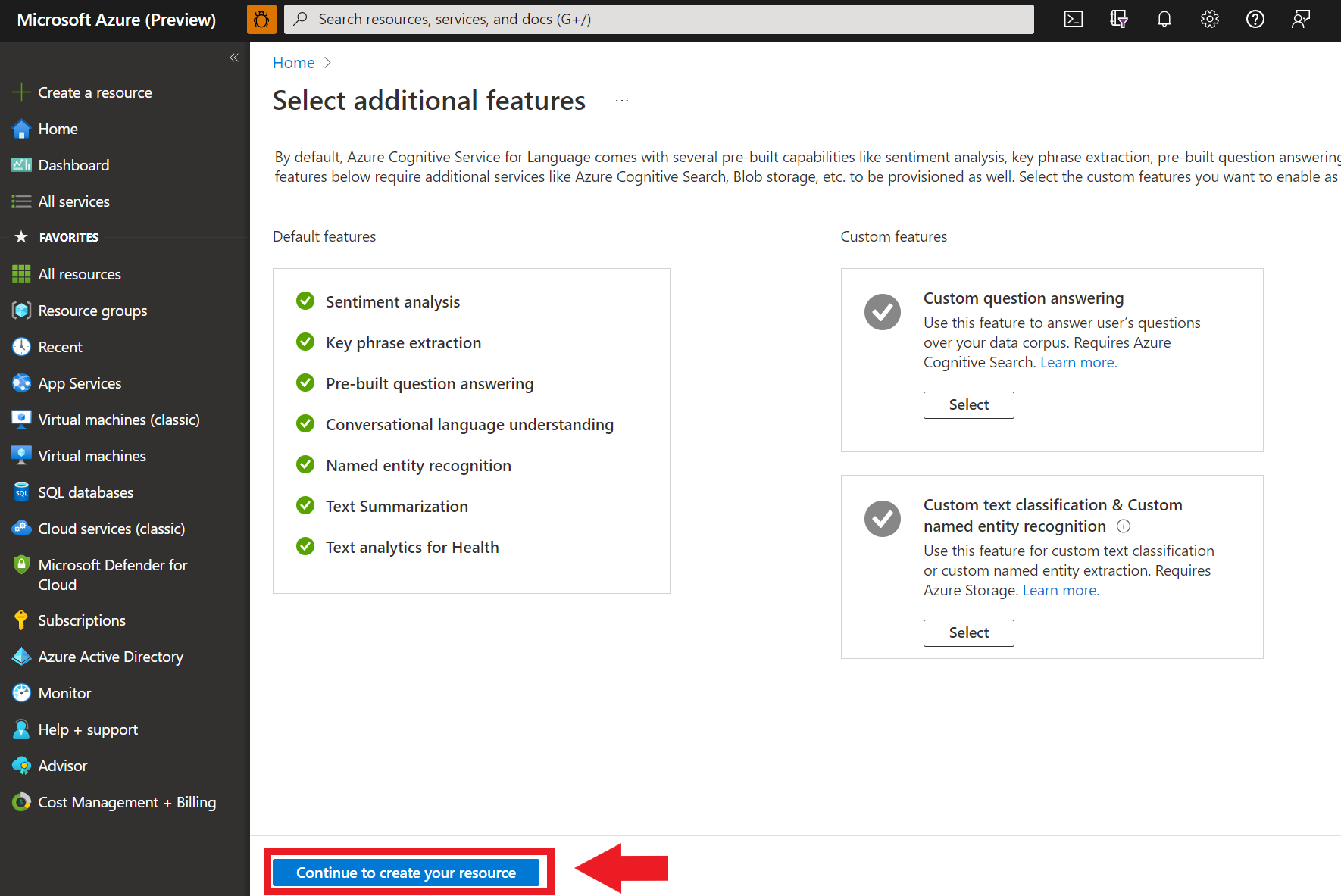Screenshot: Optionen für zusätzliche Funktionen im Azure-Portal