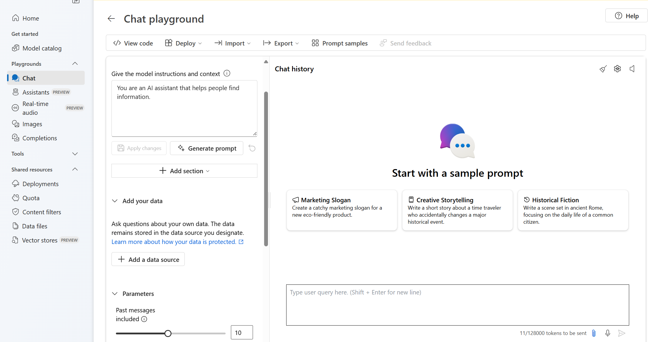 Screenshot der Seite „Playground“ im Azure AI Foundry-Portal mit hervorgehobenen Abschnitten