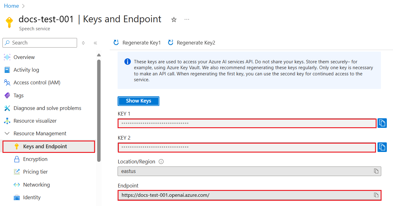 Screenshot des Übersichtsblatts für eine Azure OpenAI-Ressource im Azure-Portal mit rot umrandeten Speicherort für Endpunkt und Zugriffsschlüssel