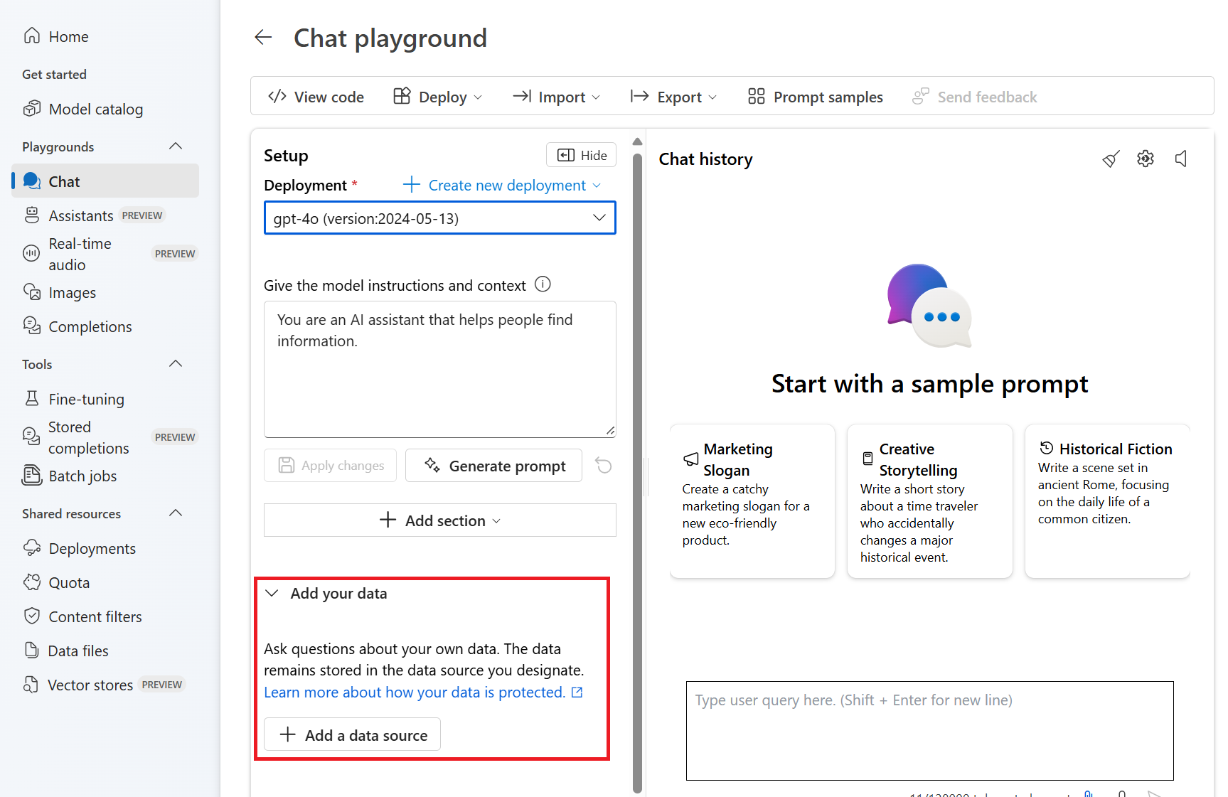Screenshot des Chatplaygrounds in Azure KI Foundry.