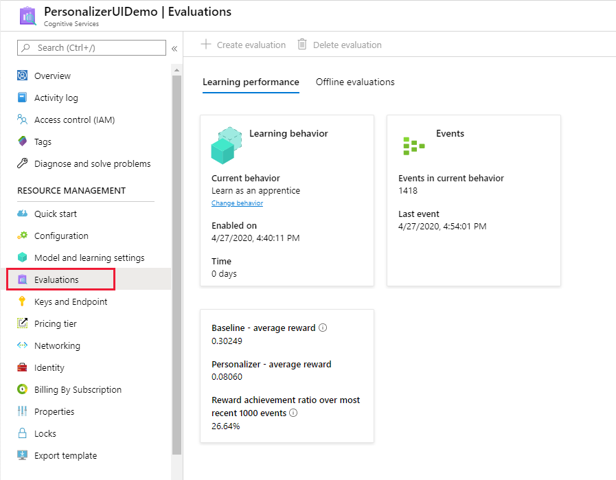 Screenshot zur Überprüfung der Bewertung des Lernverhaltens im Lehrlingsmodus im Azure Portal