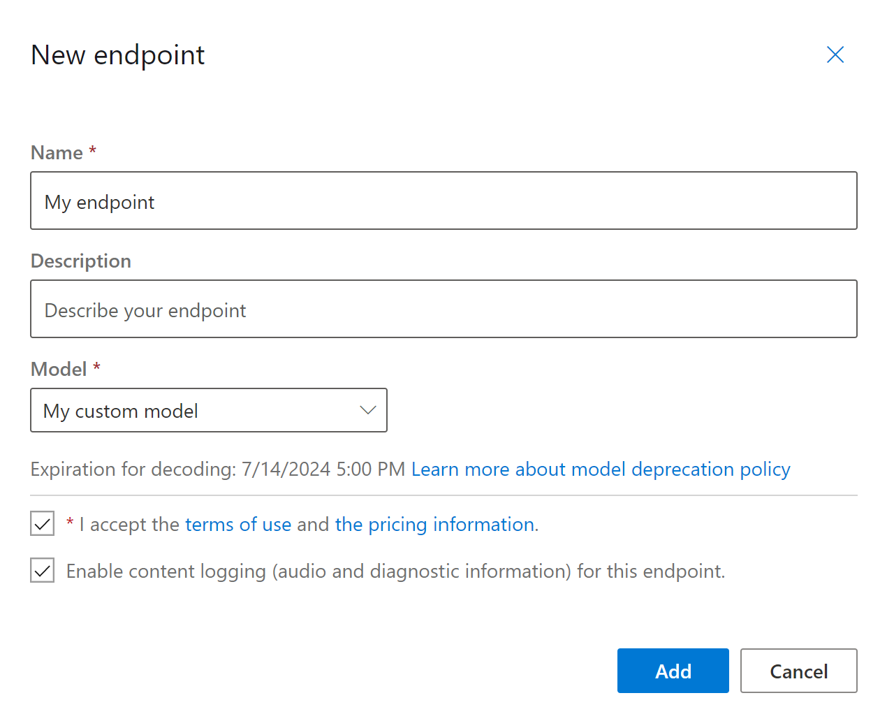 Screenshot of the New endpoint page that shows the checkbox to enable logging.