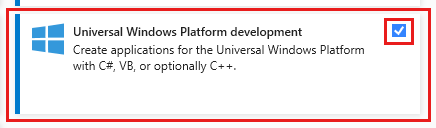 Screenshot: Registerkarte „Workloads“ im Dialogfeld „Änderung“ mit hervorgehobener Workload „Entwicklung für die universelle Windows-Plattform“.