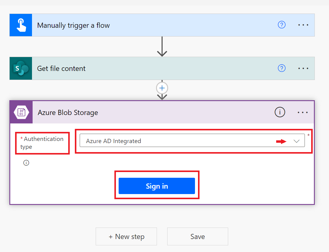 Screenshot: Fenster „Azure Blob Storage-Authentifizierung“.