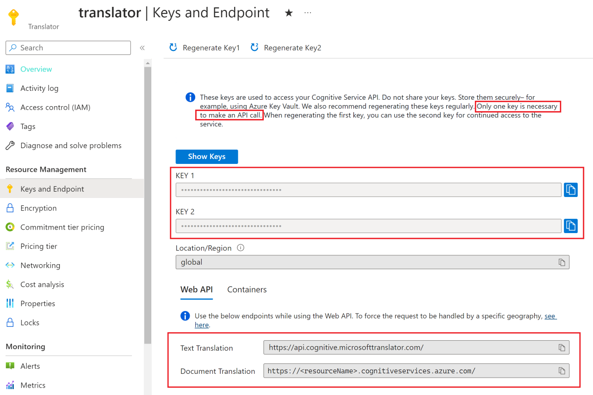 Screenshot des Azure-Portals mit der Seite „Schlüssel und Endpunkt“ einer Übersetzerressource. Die Schlüssel und Endpunkte sind hervorgehoben.