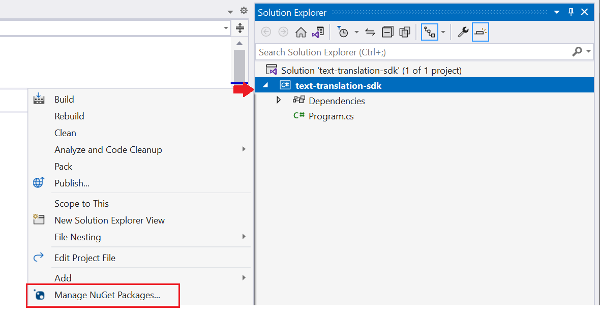 Screenshot der Auswahl der Option „NuGet-Paket“ in Visual Studio.