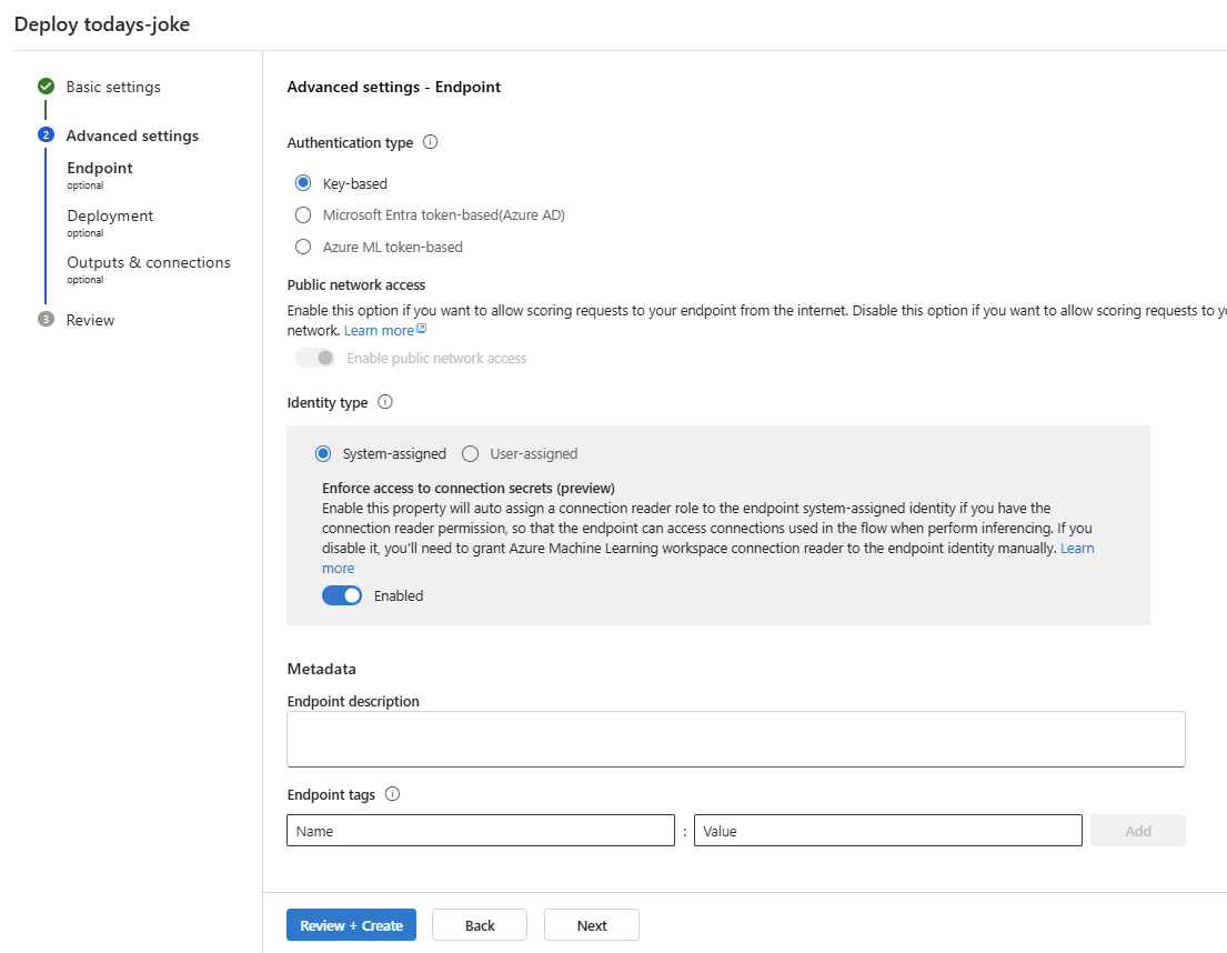 Screenshot der erweiterten Einstellungen für den Endpunkt.