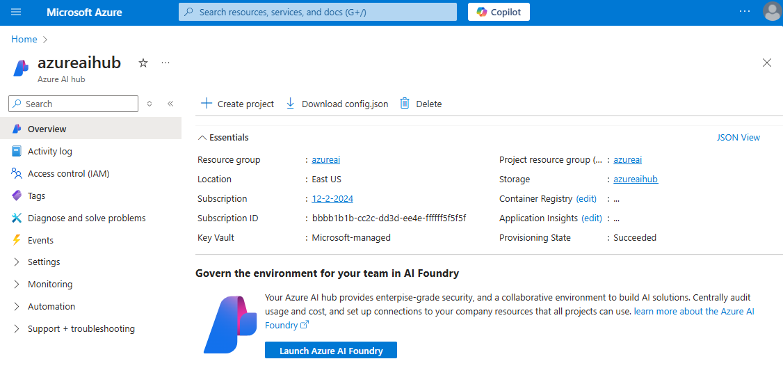 Screenshot der Übersichtsseite mit Hervorhebungen für Speicher und Containerregistrierung.