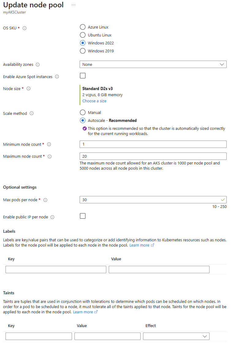Screenshot des Erstellens eines Knotenpools mit Windows Server 2022.