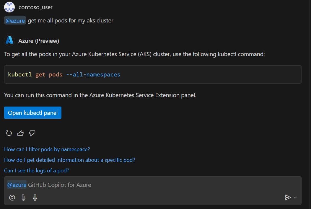 Screenshot mit Kubectl-Befehlen über GitHub Copilot für Azure
