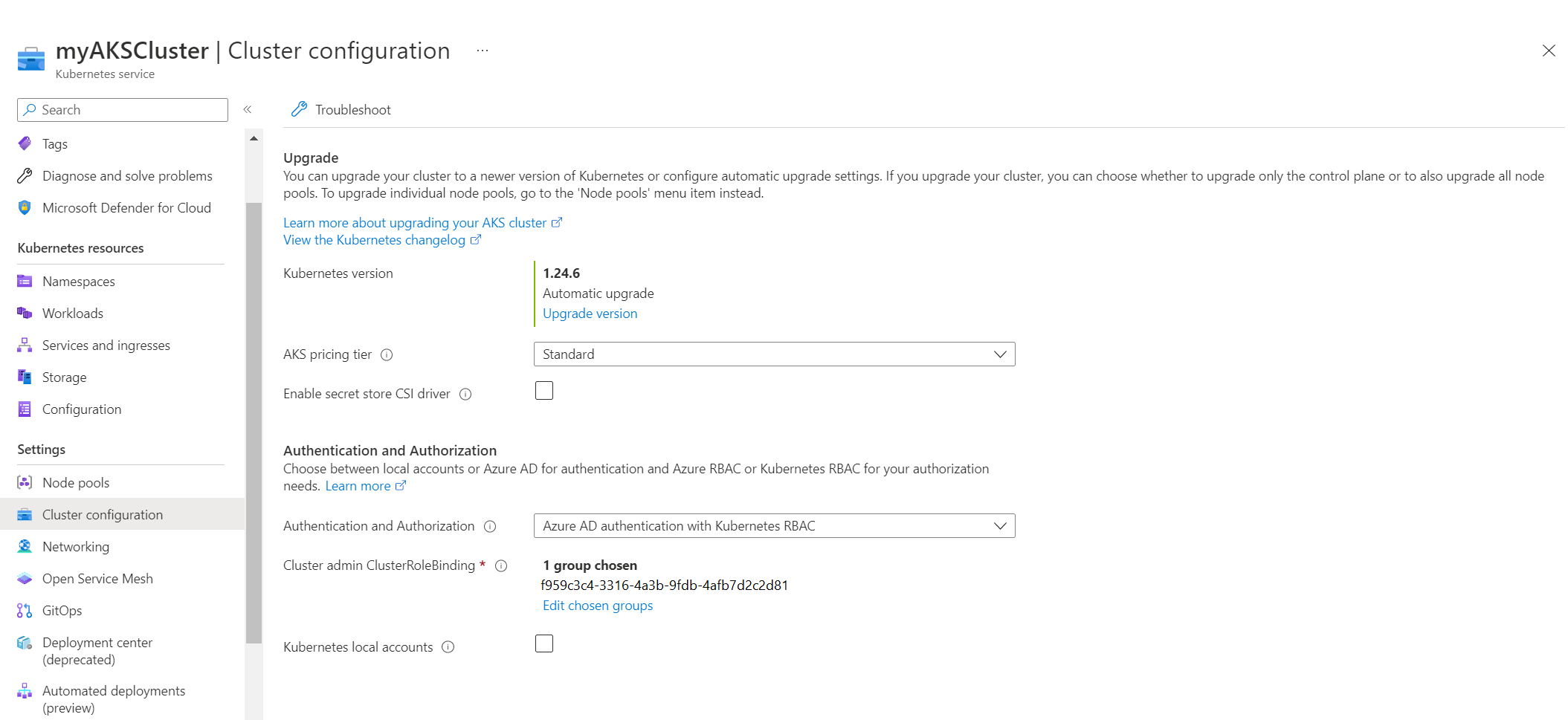 Beispiel für die AKS-Seite „Authentifizierung und Autorisierung“ im Azure-Portal