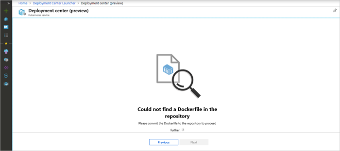 Screenshot: Bereitstellungscenter mit der Meldung, dass das Dockerfile nicht im Repository gefunden wurde