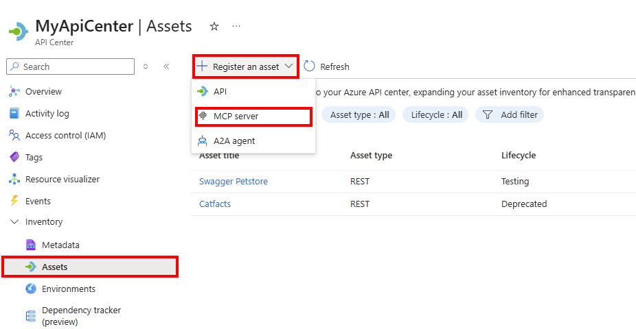 Screenshot der Registrierung einer MCP-Serverressource im Portal.