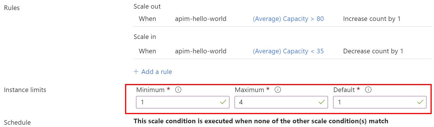 Screenshot that highlights where to set the maximum number of Azure API Management units.