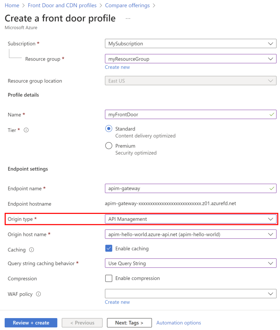 Screenshot des Erstellens eines Front Door-Profils im Portal.