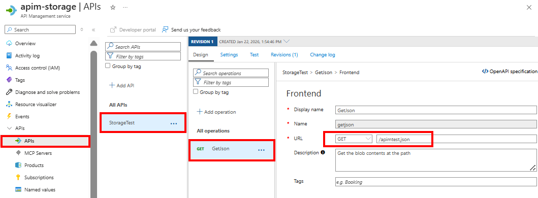 Screenshot eines Beispiel-API-Vorgangs für den Zugriff auf einen BLOB-Container im Portal.