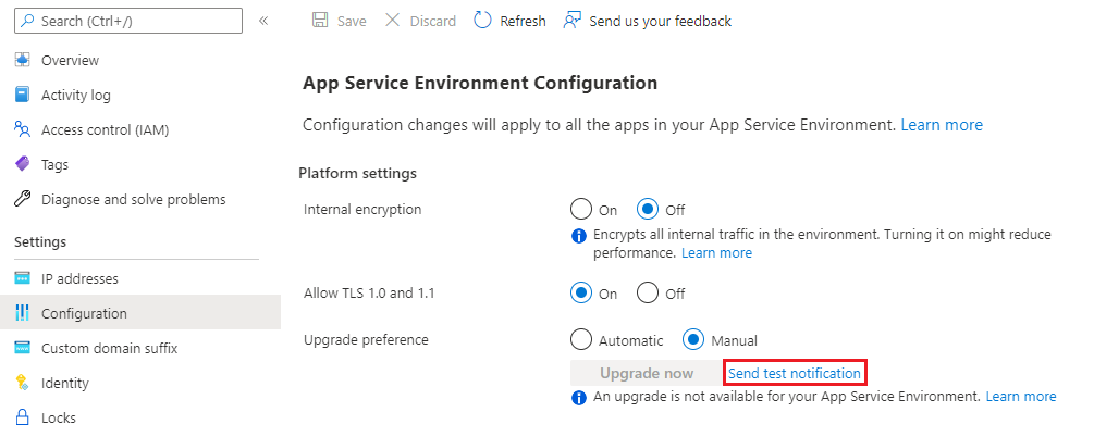 Screenshot eines Konfigurationsbereichs zum Senden von Testbenachrichtigungen für die App Service-Umgebung.