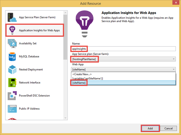 Shows the selection of Application Insights for Web Apps, Name, App Service Plan, and Web App.